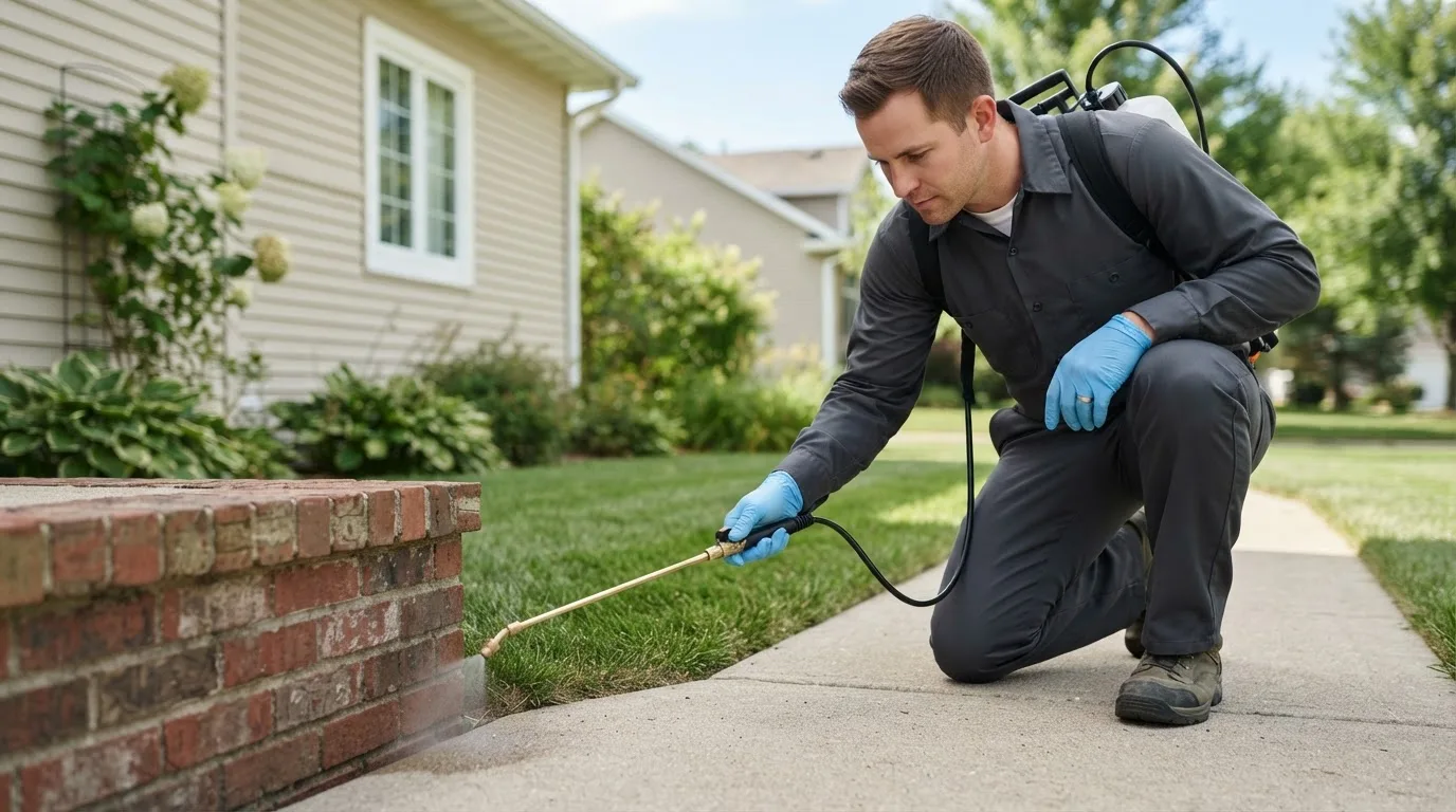 Pest control technician treating a home near Olsburg, KS